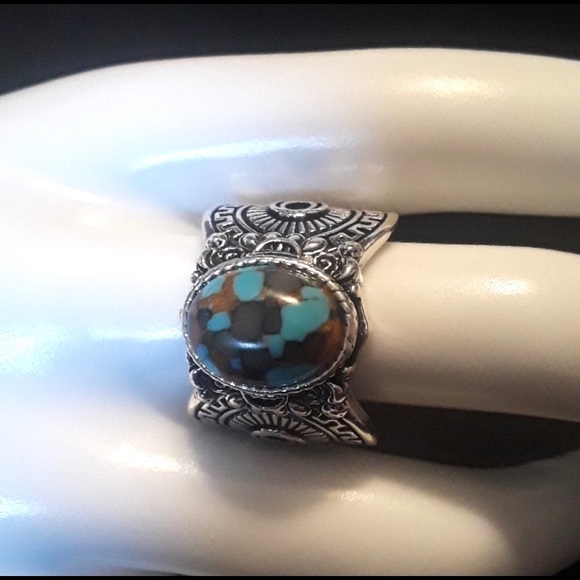 Mojave Turquoise Arizona Copper Purple Marbled Carved Embellished Mayan Ring 9 - Picture 3 of 7